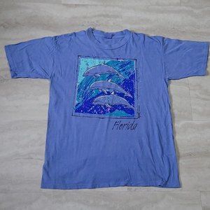 Vintage Florida Dolphin Suttons Graphic Hugger 100% Cotton Blue T-Shirt Large